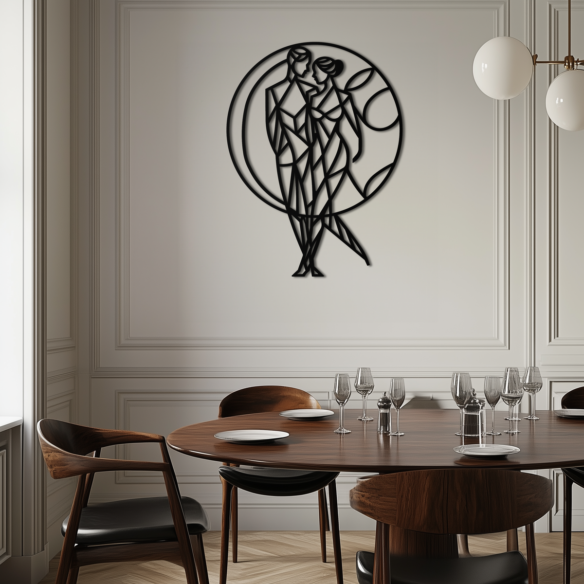 Metal Geometric Couple Silhouette Embracing Circular Wall Art Modern Romantic Decor