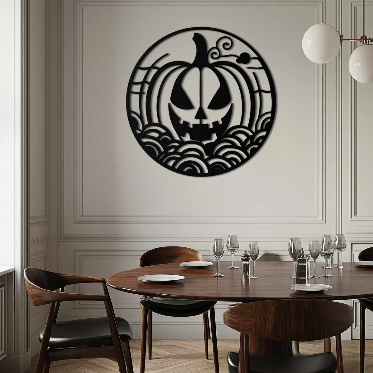 Black Pumpkin Silhouette Metal Wall Art - Round Halloween Decor