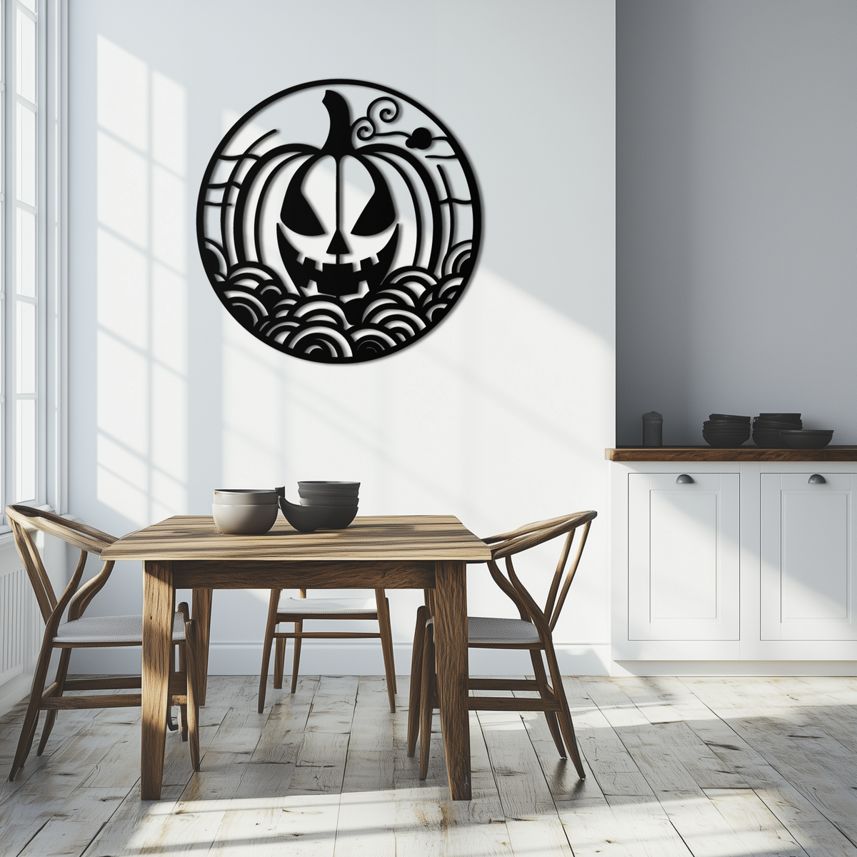 Black Pumpkin Silhouette Metal Wall Art - Round Halloween Decor