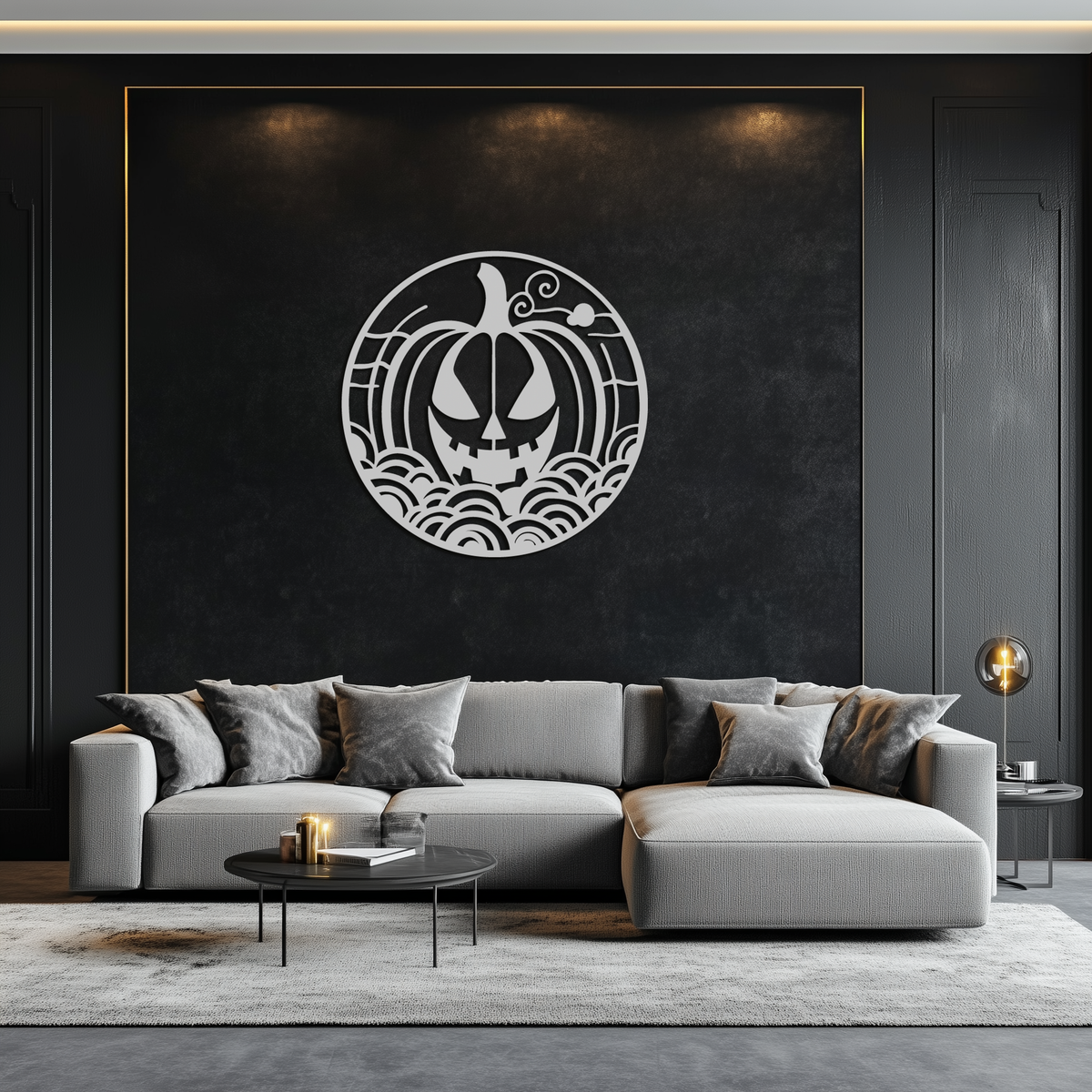 Black Pumpkin Silhouette Metal Wall Art - Round Halloween Decor