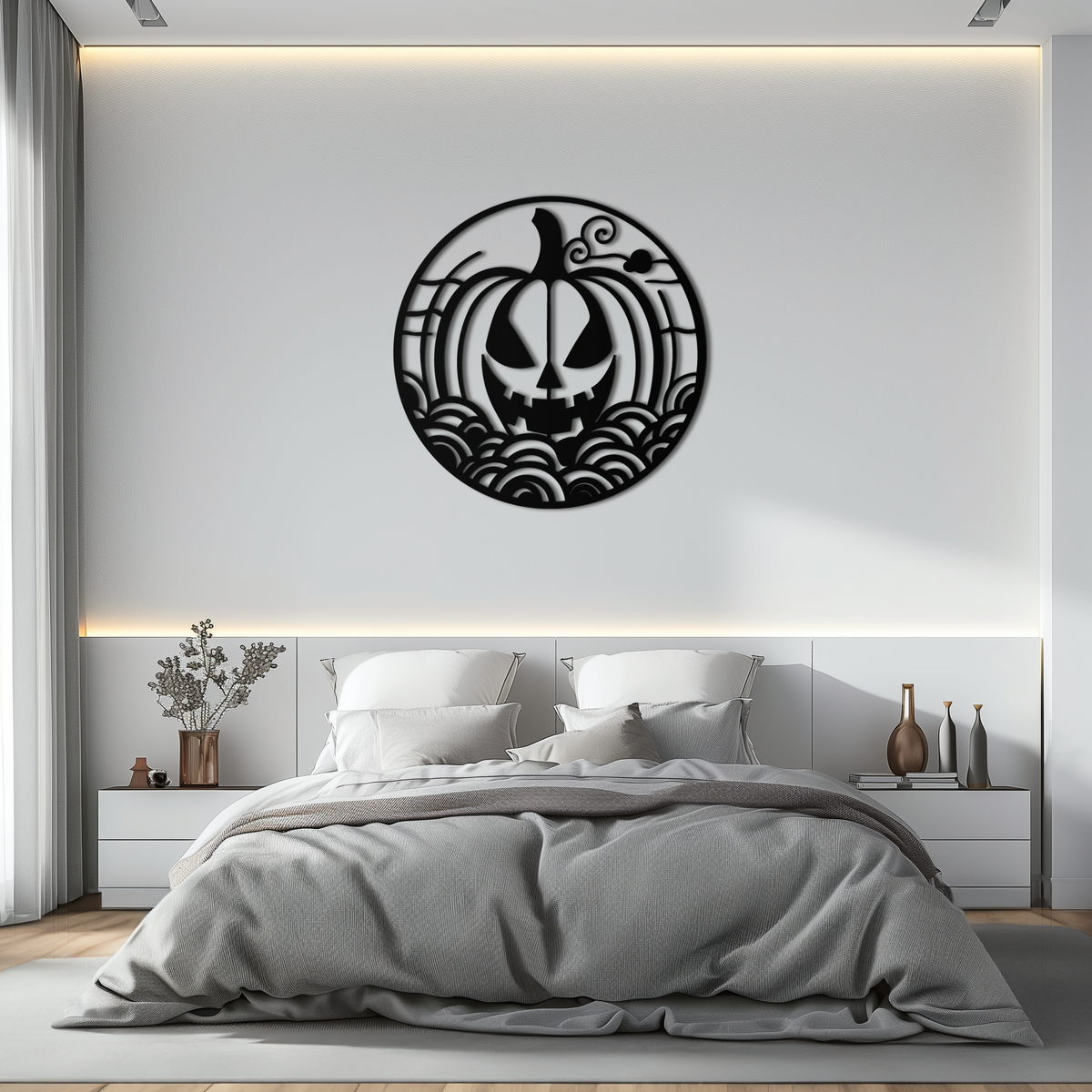 Black Pumpkin Silhouette Metal Wall Art - Round Halloween Decor