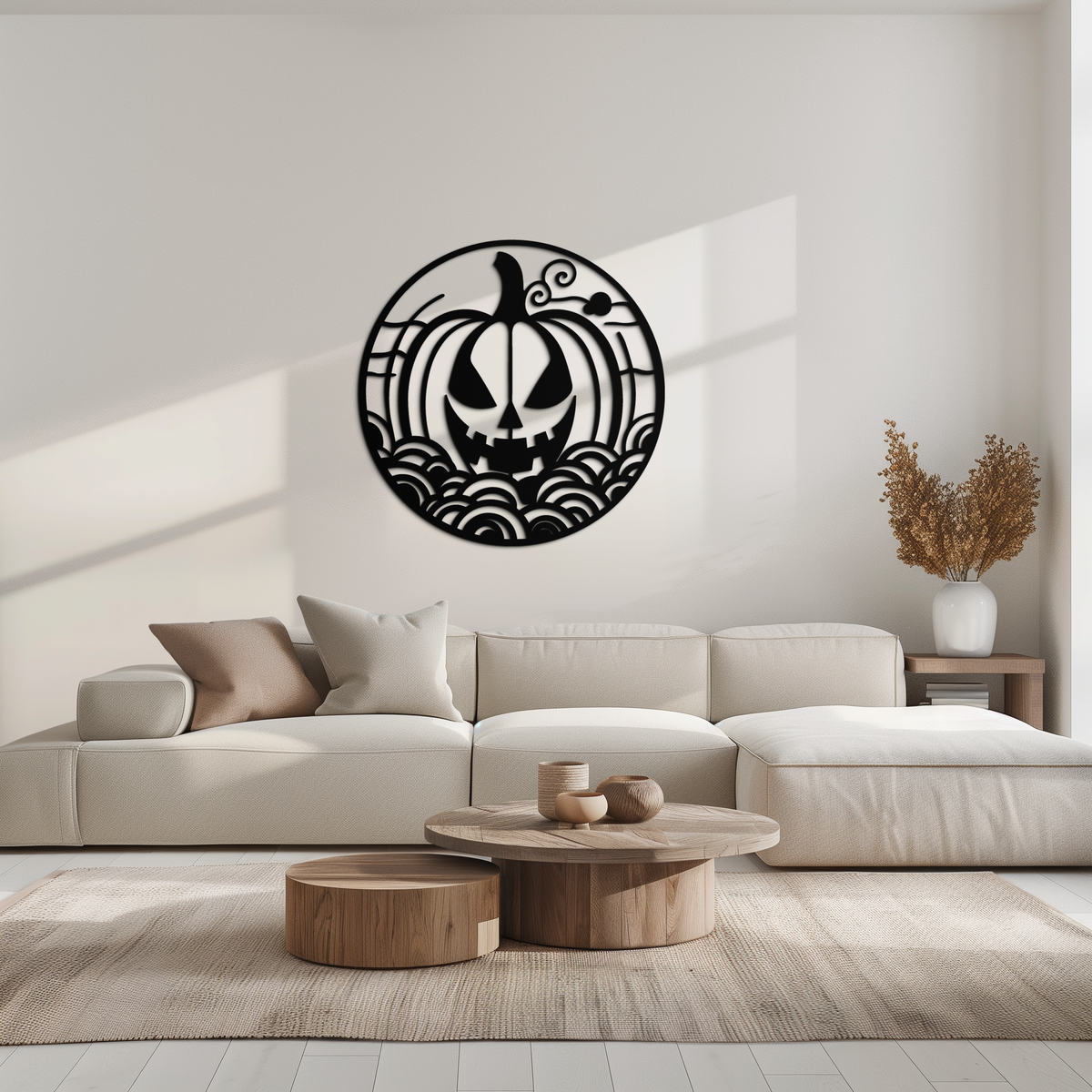 Black Pumpkin Silhouette Metal Wall Art - Round Halloween Decor