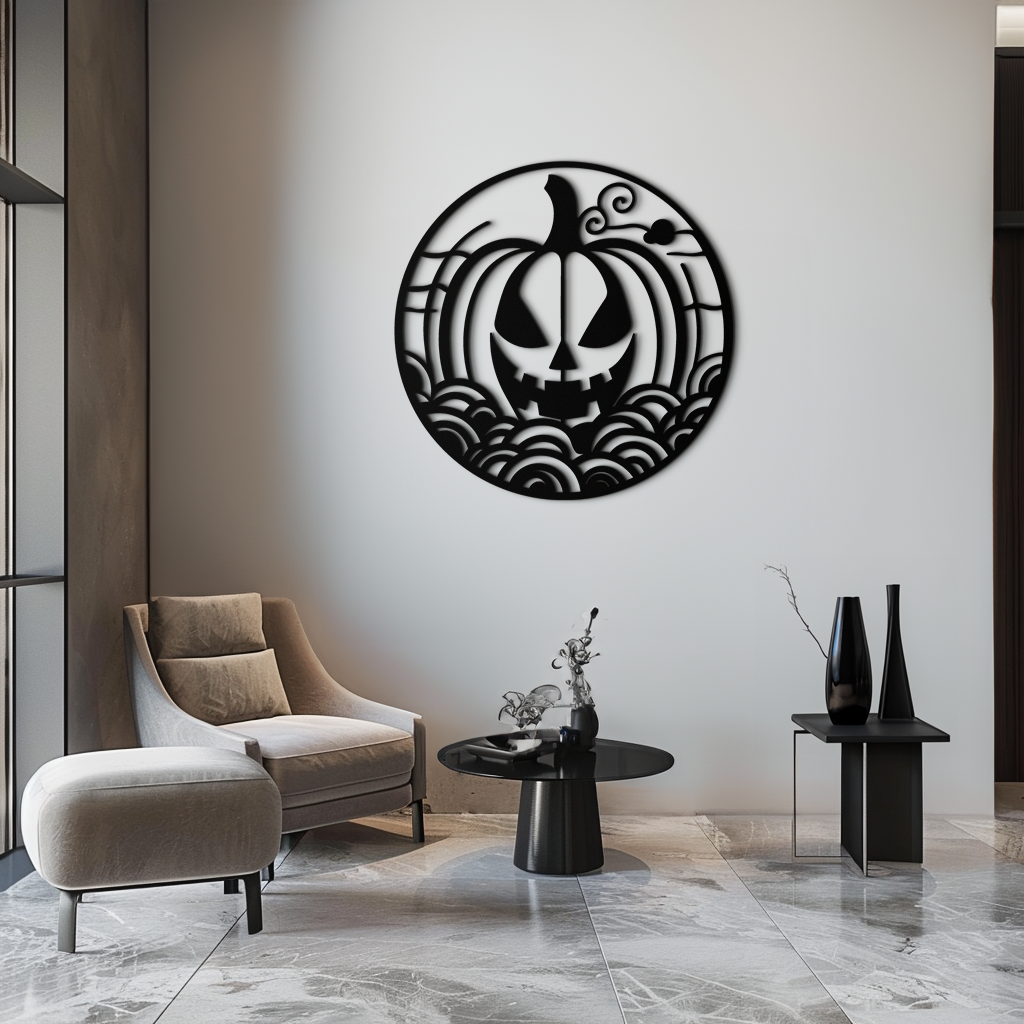 Black Pumpkin Silhouette Metal Wall Art - Round Halloween Decor