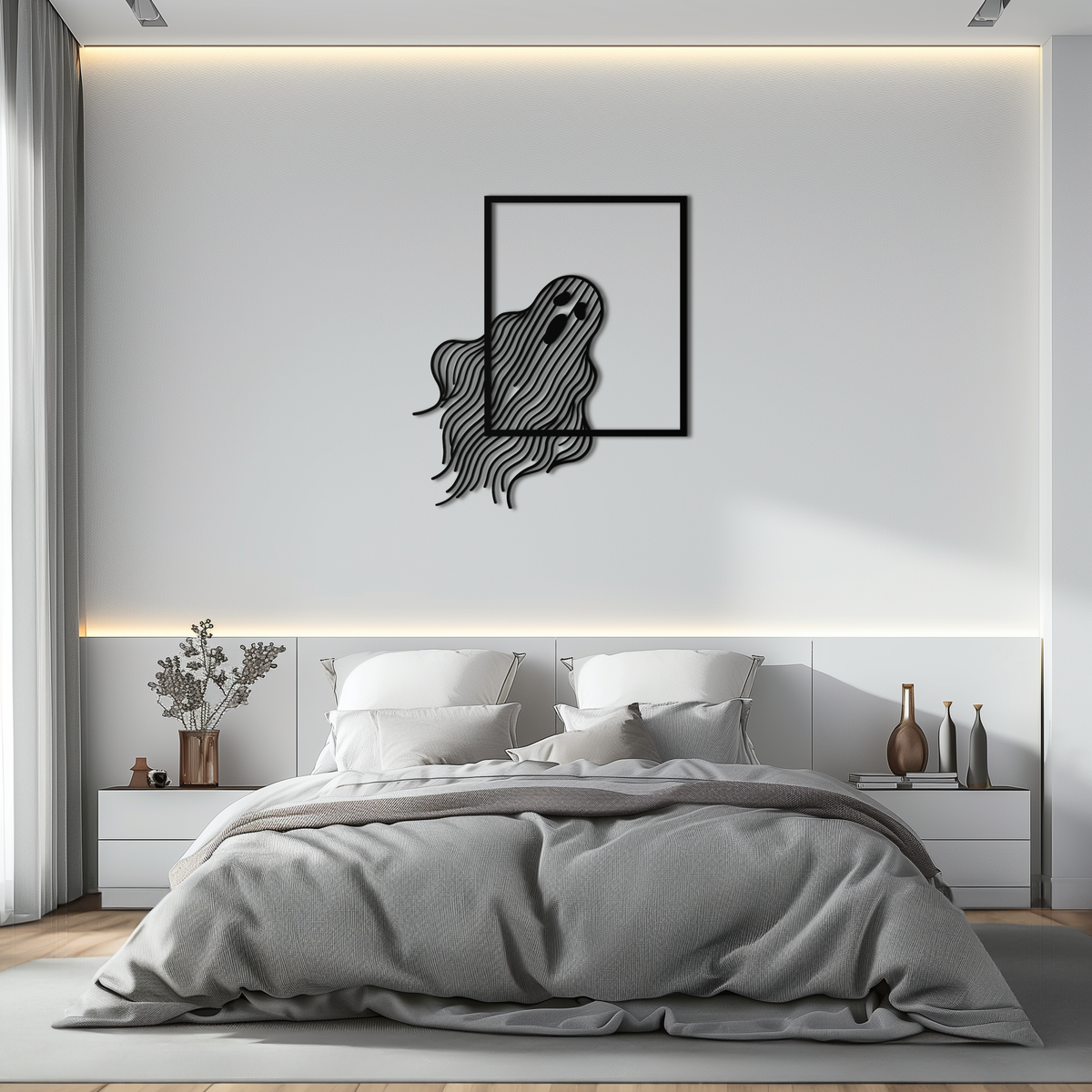 Steel Ghost Silhouette Metal Wall Art with Bold Eye Cutouts - Spooky Halloween Decor