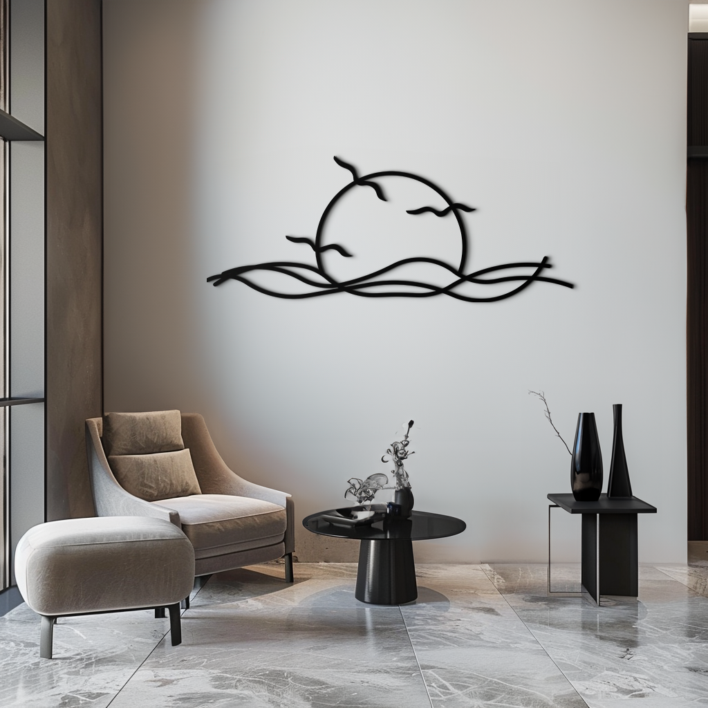 Matte Black Steel Sunset Silhouette Wall Art - Landscape Decor