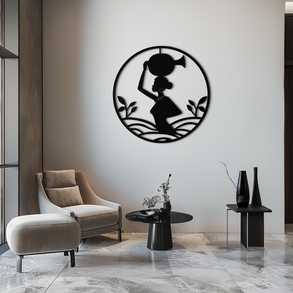 Metal Wall Art African Woman Carrying Vase - Tribal Silhouette