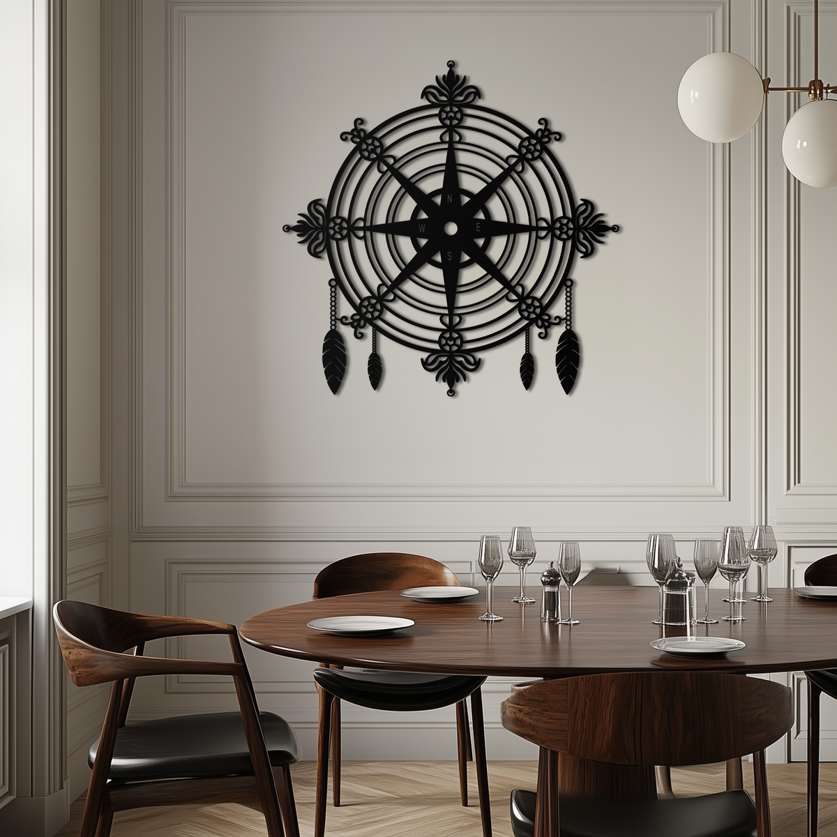 Metal Compass Rose Wall Art - Decorative Matte Black Steel with Nautical Feathers