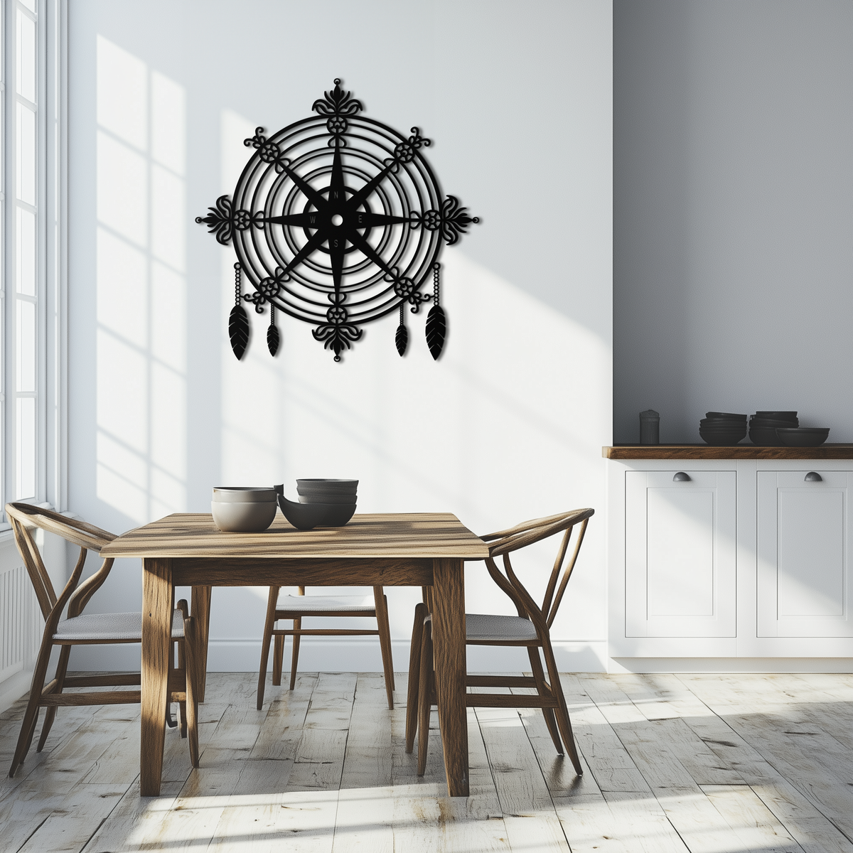 Metal Compass Rose Wall Art - Decorative Matte Black Steel with Nautical Feathers