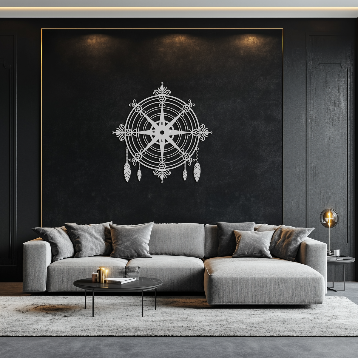 Metal Compass Rose Wall Art - Decorative Matte Black Steel with Nautical Feathers
