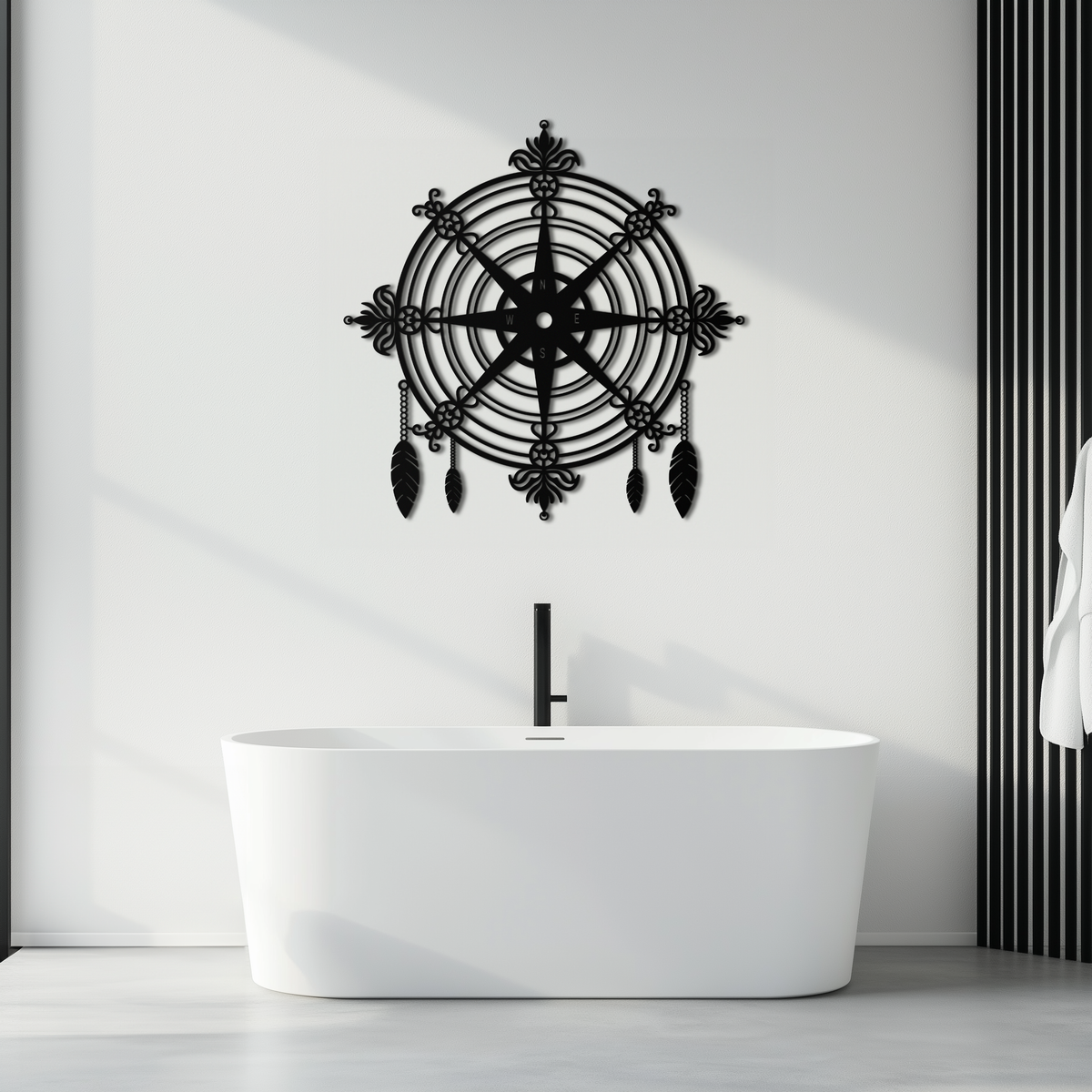 Metal Compass Rose Wall Art - Decorative Matte Black Steel with Nautical Feathers