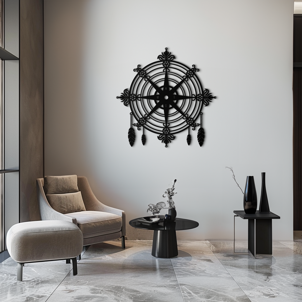 Metal Compass Rose Wall Art - Decorative Matte Black Steel with Nautical Feathers