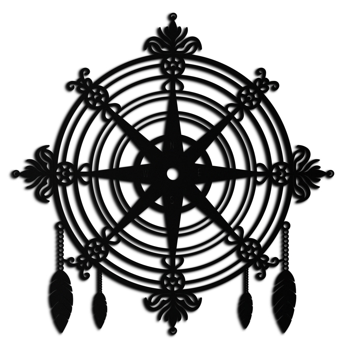 Metal Compass Rose Wall Art - Decorative Matte Black Steel with Nautical Feathers