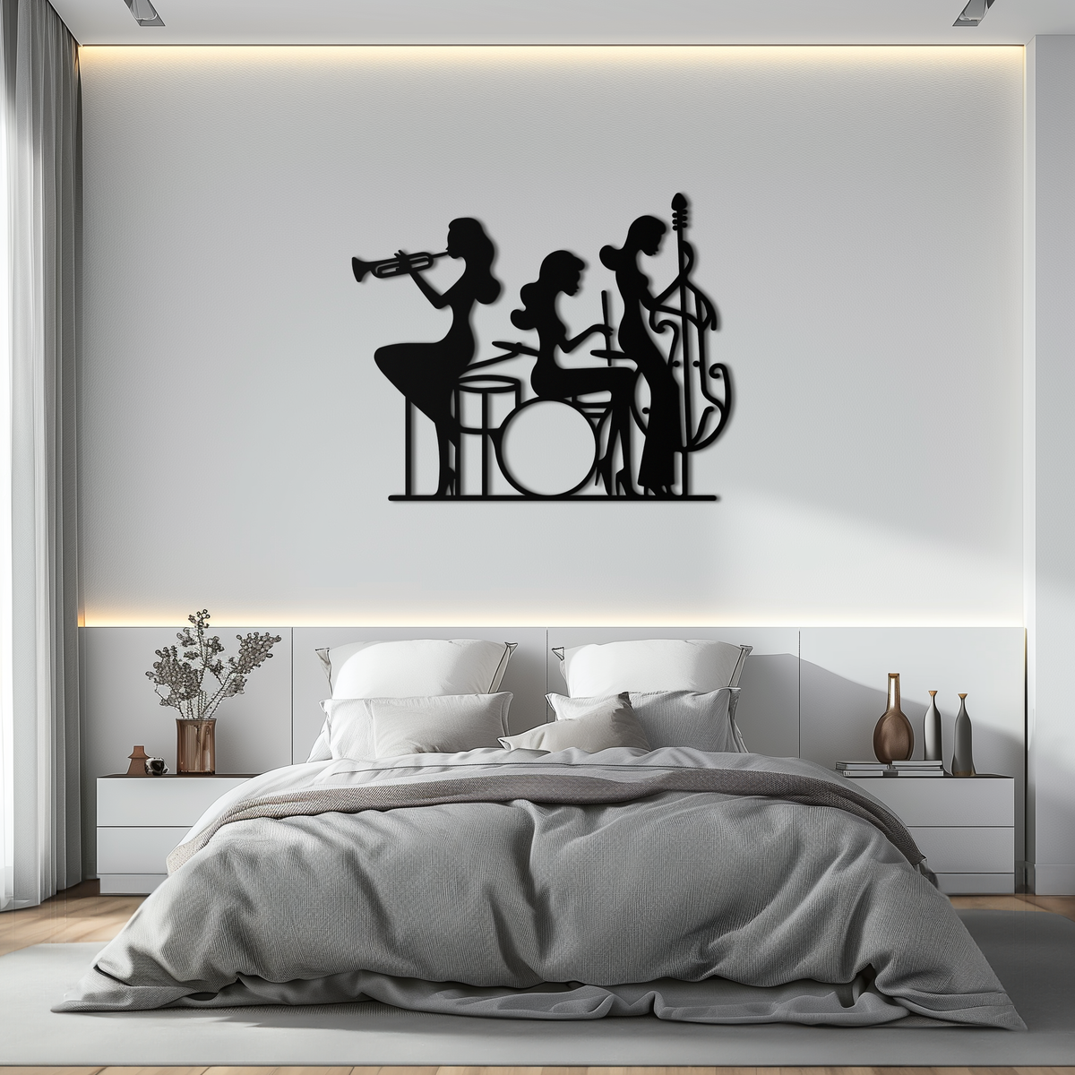 Black Steel Jazz Trio Female Musicians Wall Art - Silhouette