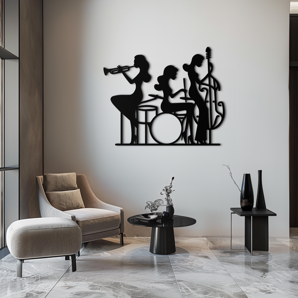 Black Steel Jazz Trio Female Musicians Wall Art - Silhouette