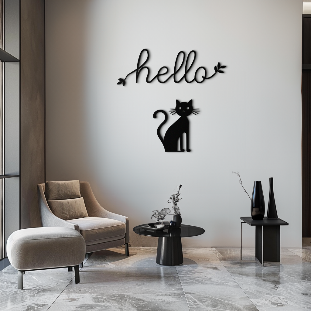 Metal Cat Wall Art Silhouette Welcome Sign Whimsical Home Decor Entryway Living Room