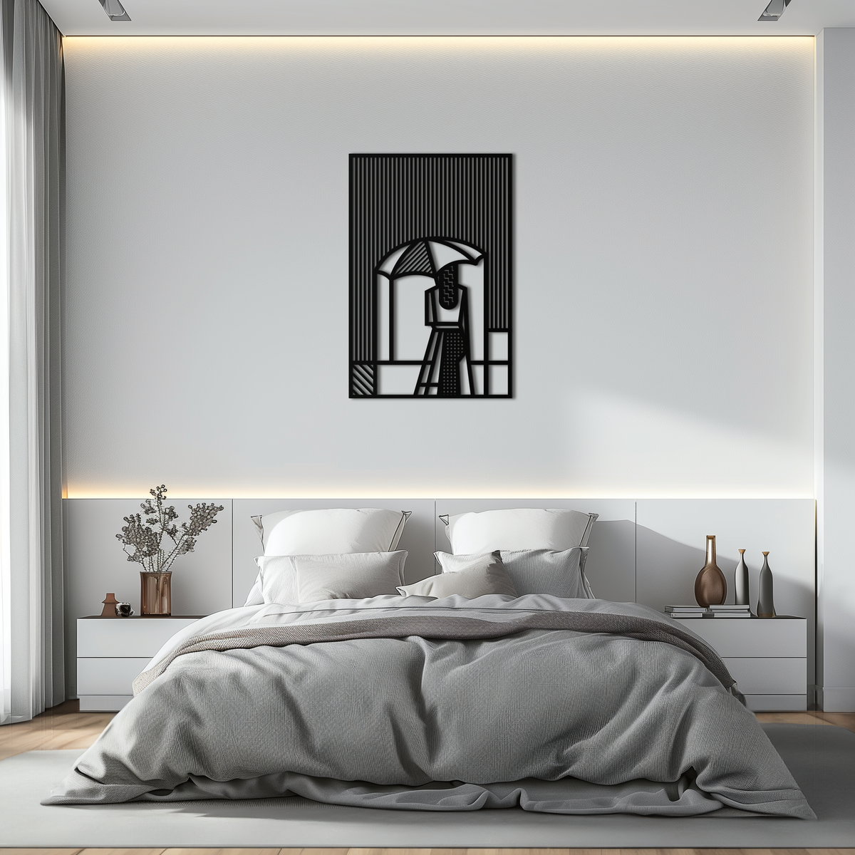 Steel Metal Wall Art - Woman Umbrella Silhouette Modern Abstract