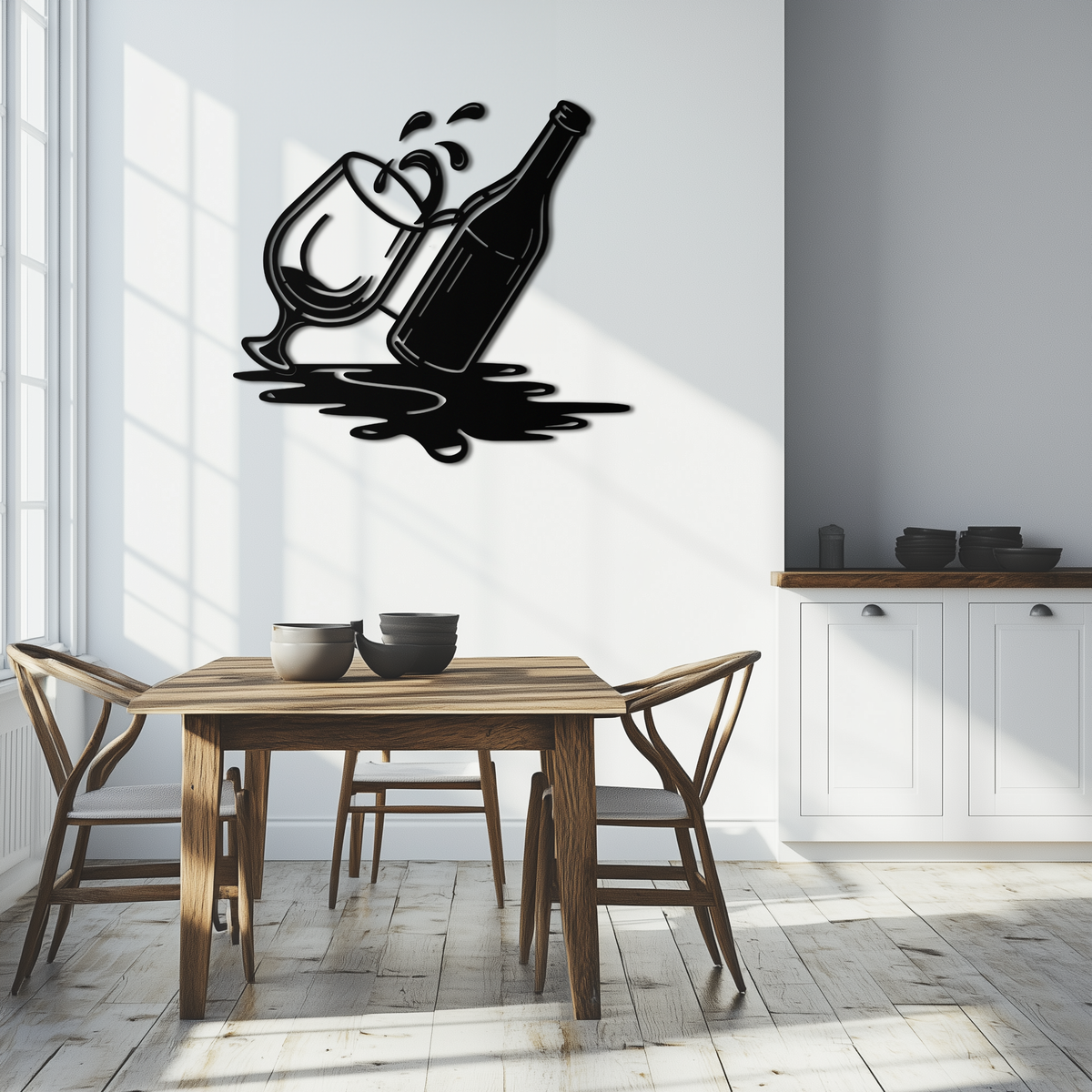 Metal Wine Bottle and Glass Wall Art - Modern Pour and Splash Effect for Kitchen and Bar