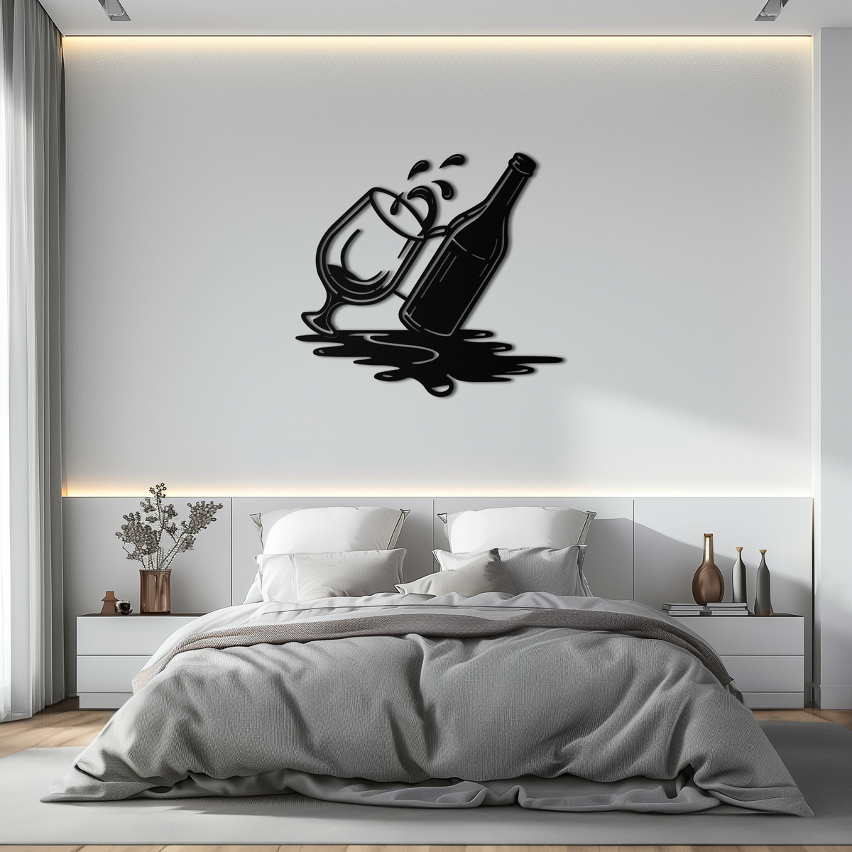 Metal Wine Bottle and Glass Wall Art - Modern Pour and Splash Effect for Kitchen and Bar