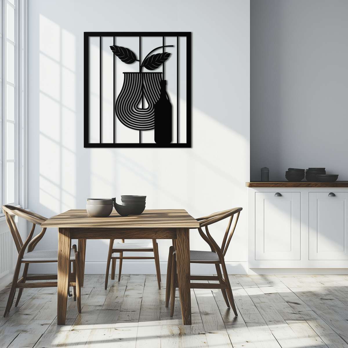 Bottle and Leaf Metal Wall Art - Modern Abstract Matte Black