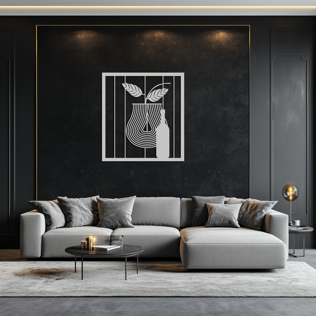 Bottle and Leaf Metal Wall Art - Modern Abstract Matte Black