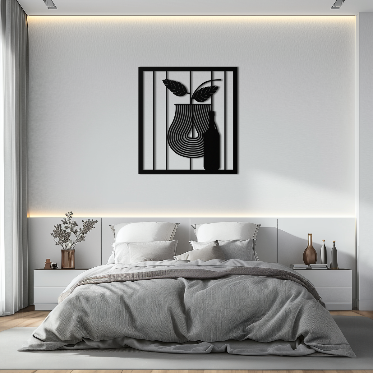 Bottle and Leaf Metal Wall Art - Modern Abstract Matte Black