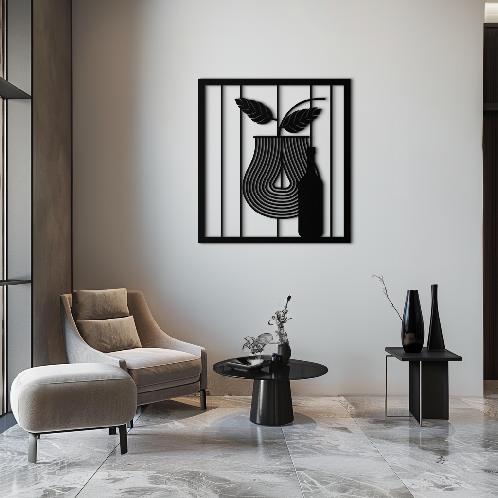 Bottle and Leaf Metal Wall Art - Modern Abstract Matte Black