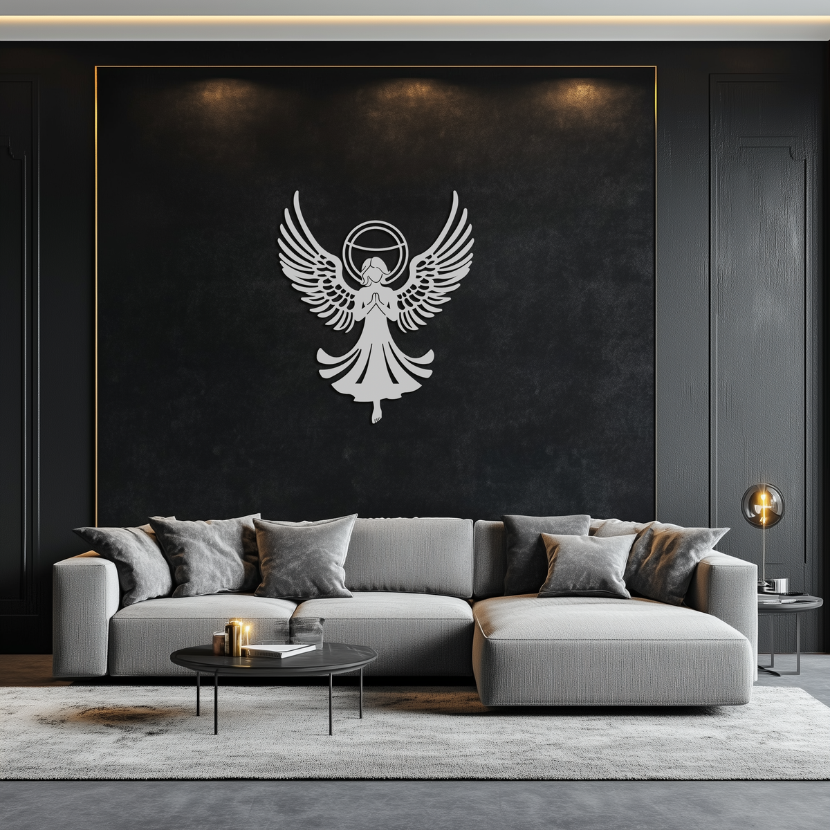 Metal Wall Art Guardian Angel with Wings and Halo Silhouette for Spiritual Home