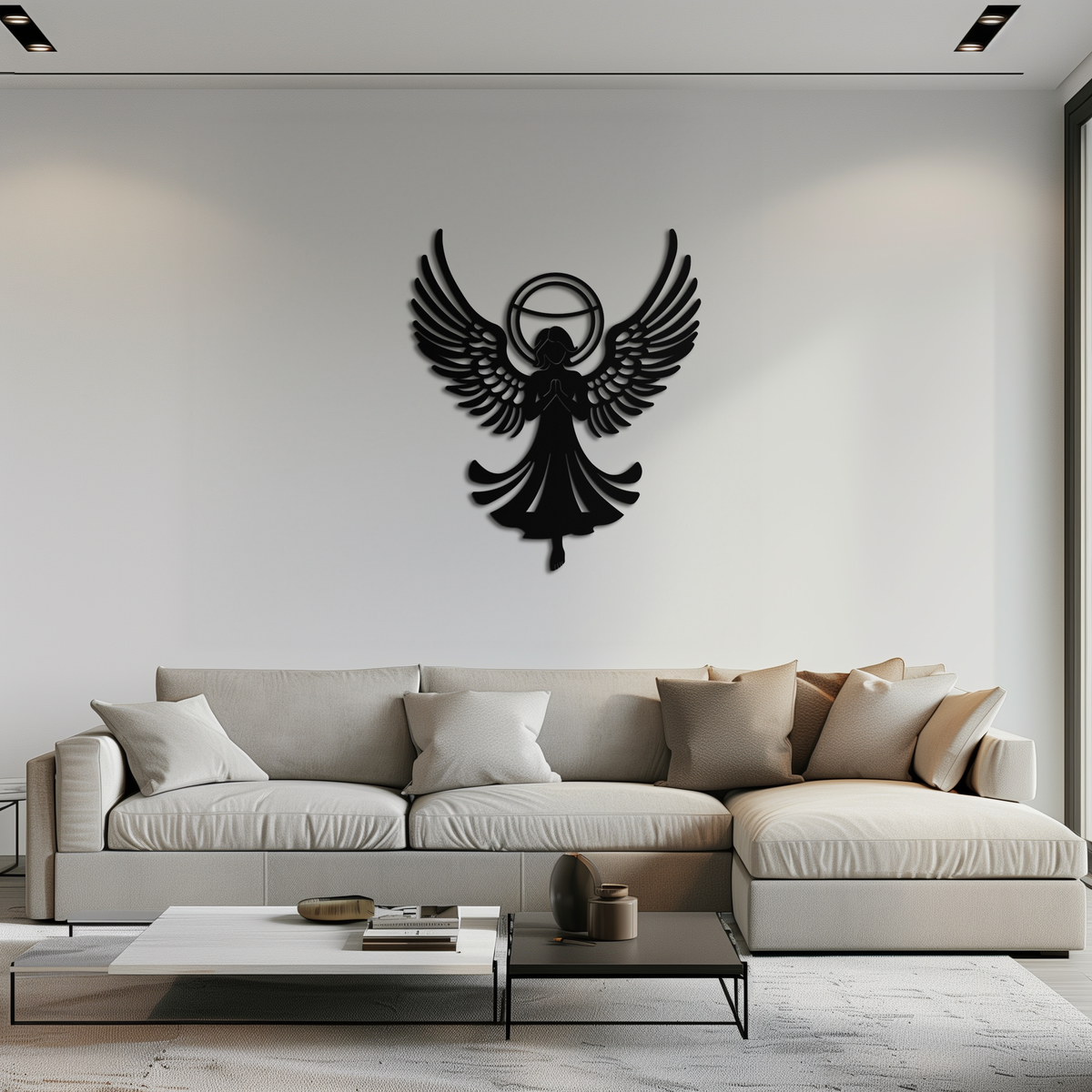 Metal Wall Art Guardian Angel with Wings and Halo Silhouette for Spiritual Home