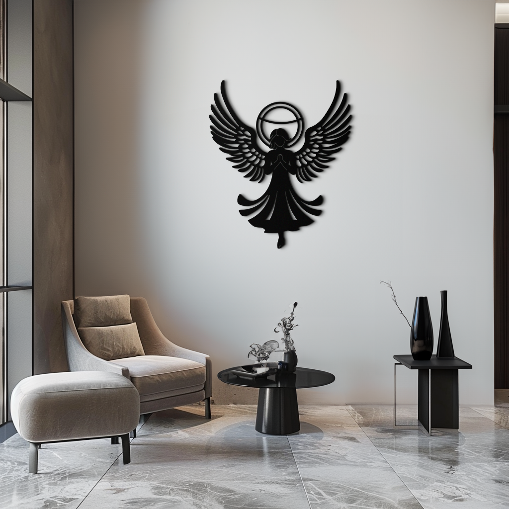 Metal Wall Art Guardian Angel with Wings and Halo Silhouette for Spiritual Home