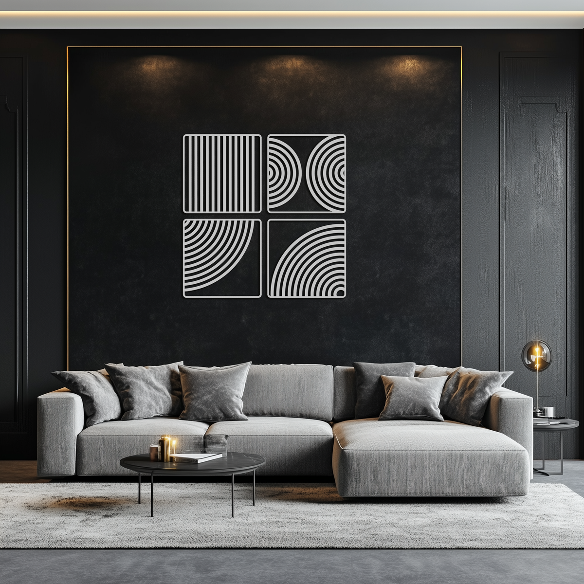 Metal Wall Art 4-Piece Set Geometric Pattern Modern Minimalist Steel Matte Black