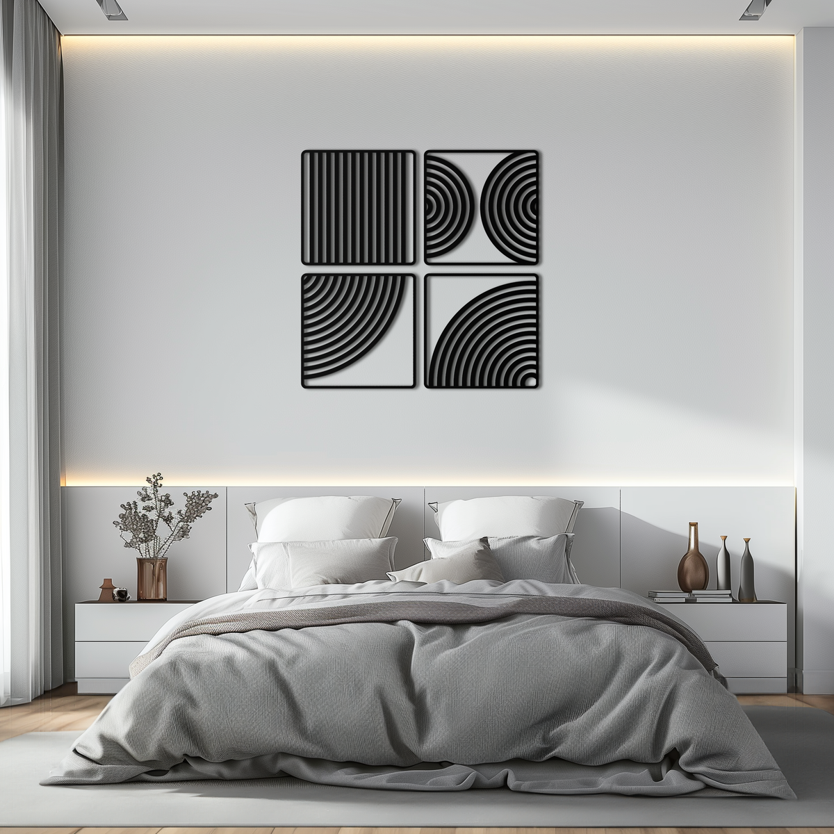 Metal Wall Art 4-Piece Set Geometric Pattern Modern Minimalist Steel Matte Black