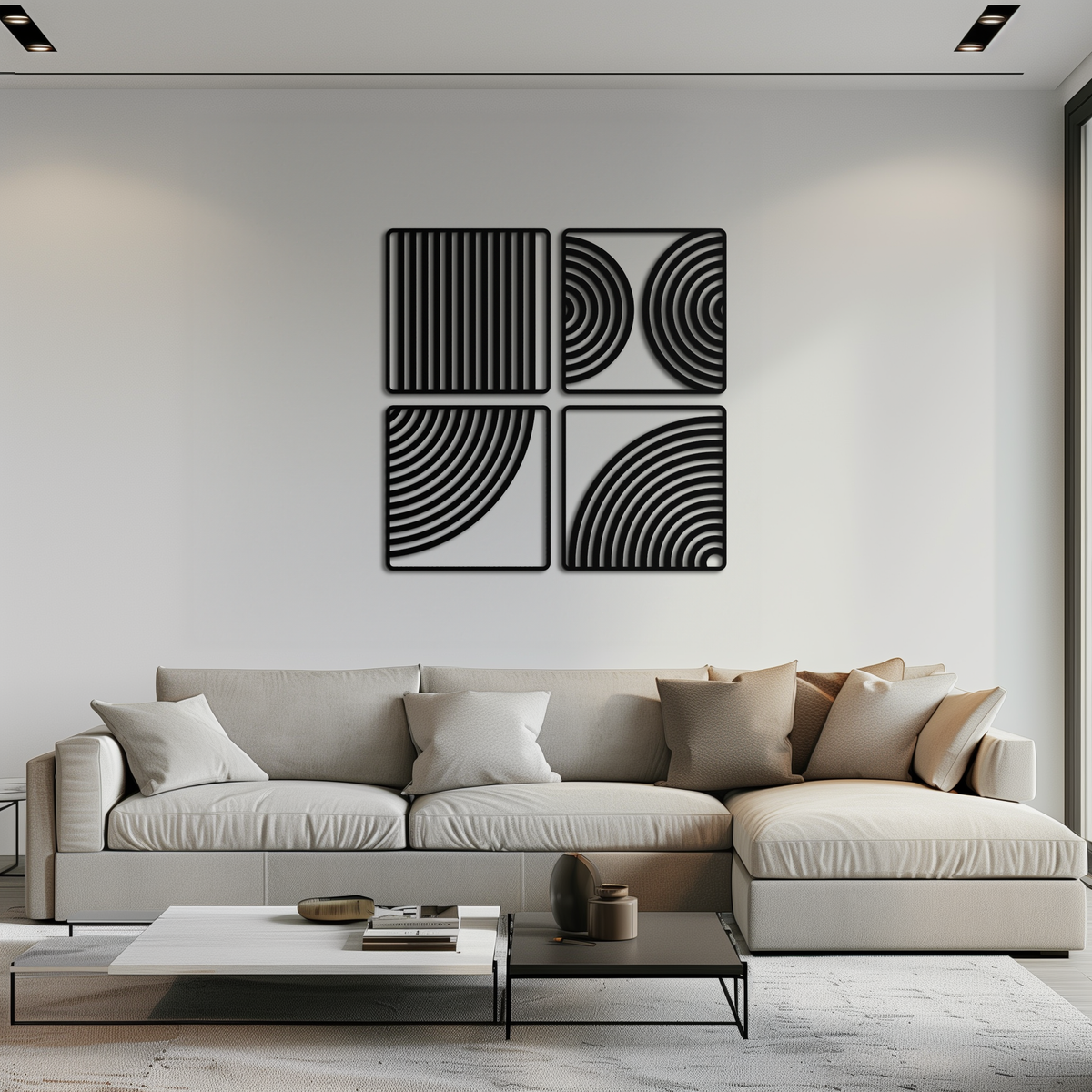 Metal Wall Art 4-Piece Set Geometric Pattern Modern Minimalist Steel Matte Black