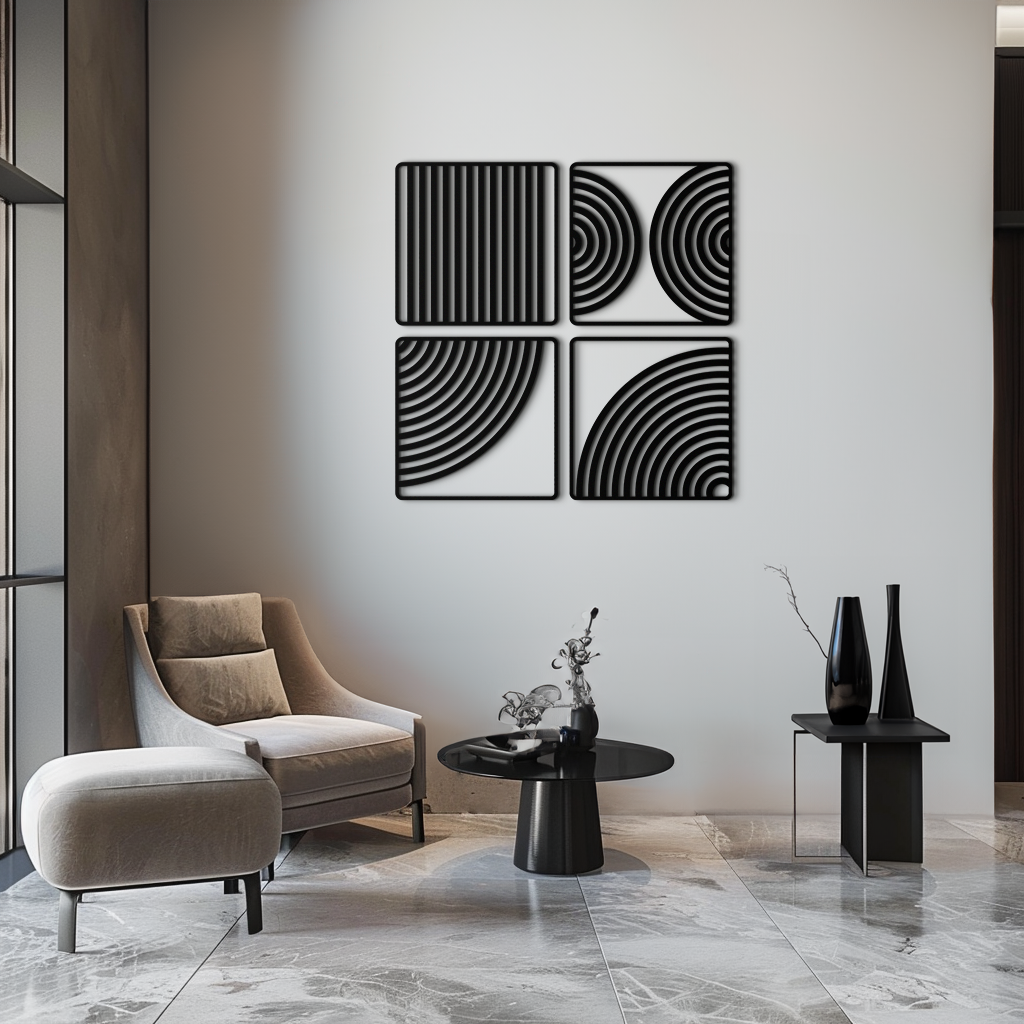Metal Wall Art 4-Piece Set Geometric Pattern Modern Minimalist Steel Matte Black