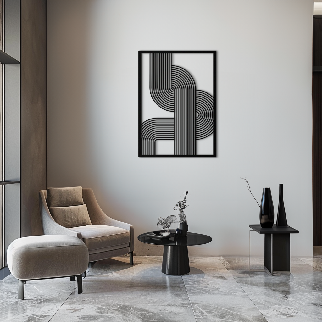 Geometric Curve Panel Metal Wall Art Modern Abstract Matte Black Steel Sculpture