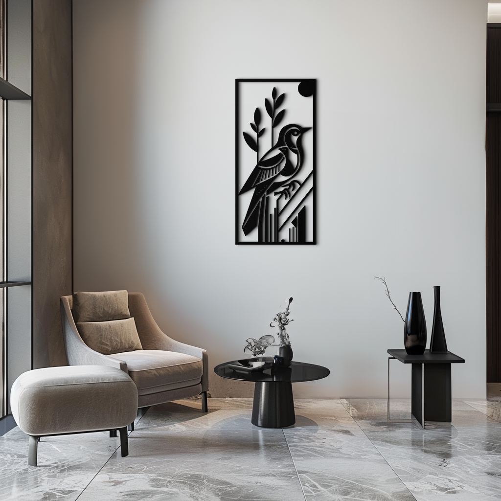 Metal Wall Art Bird - Minimalist Vertical Steel Nature Panel