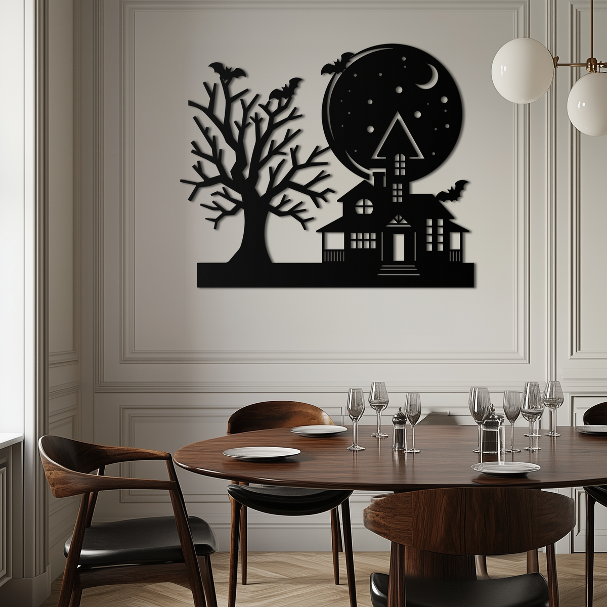 Haunted House and Flying Bat Metal Wall Art - Spooky Full Moon Scene in Matte Black