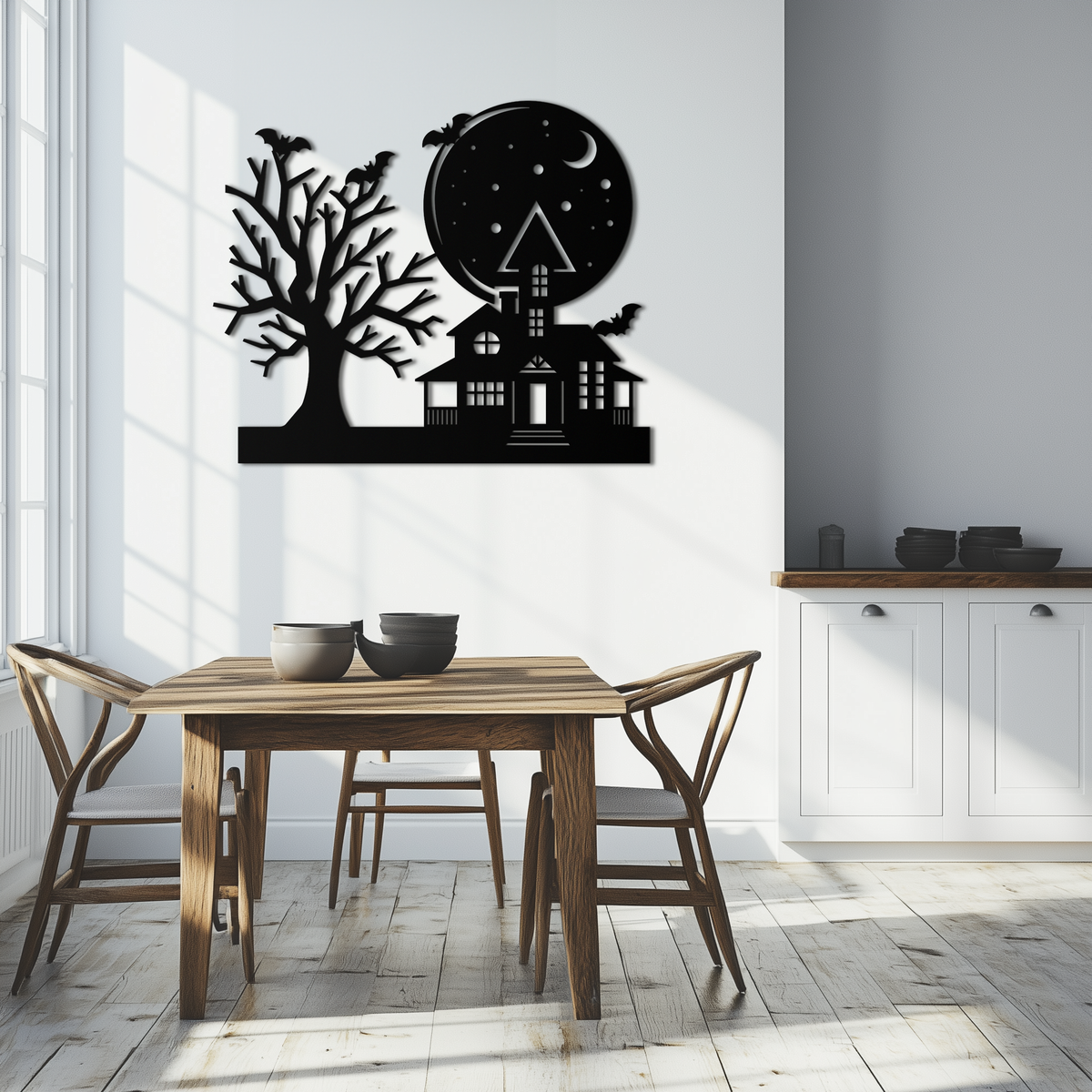 Haunted House and Flying Bat Metal Wall Art - Spooky Full Moon Scene in Matte Black
