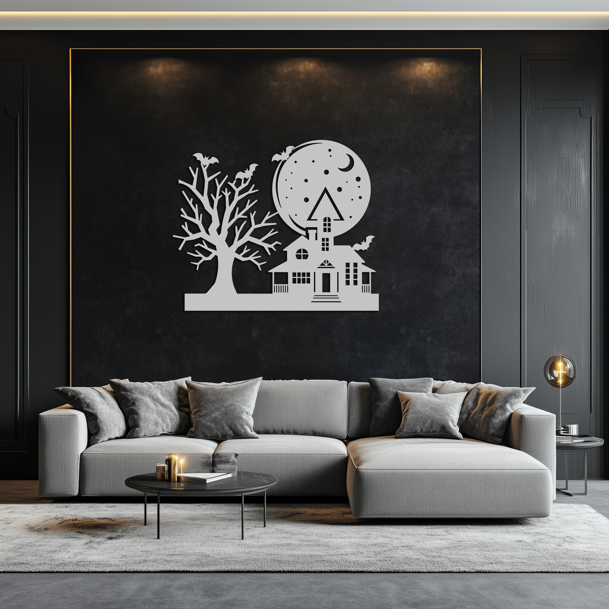 Haunted House and Flying Bat Metal Wall Art - Spooky Full Moon Scene in Matte Black