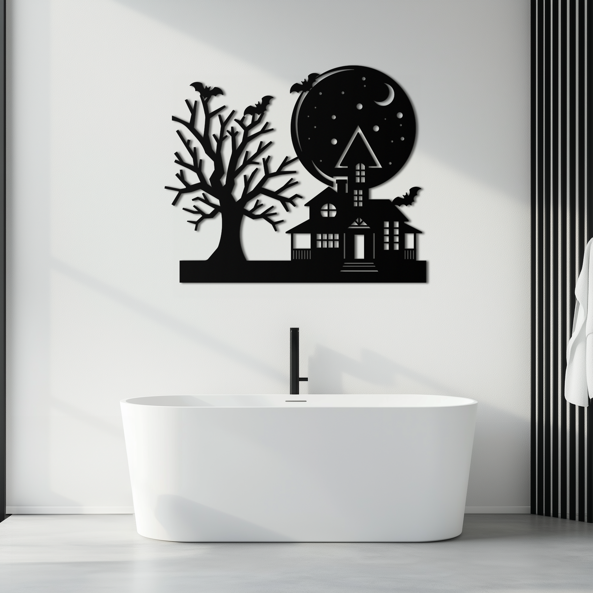 Haunted House and Flying Bat Metal Wall Art - Spooky Full Moon Scene in Matte Black