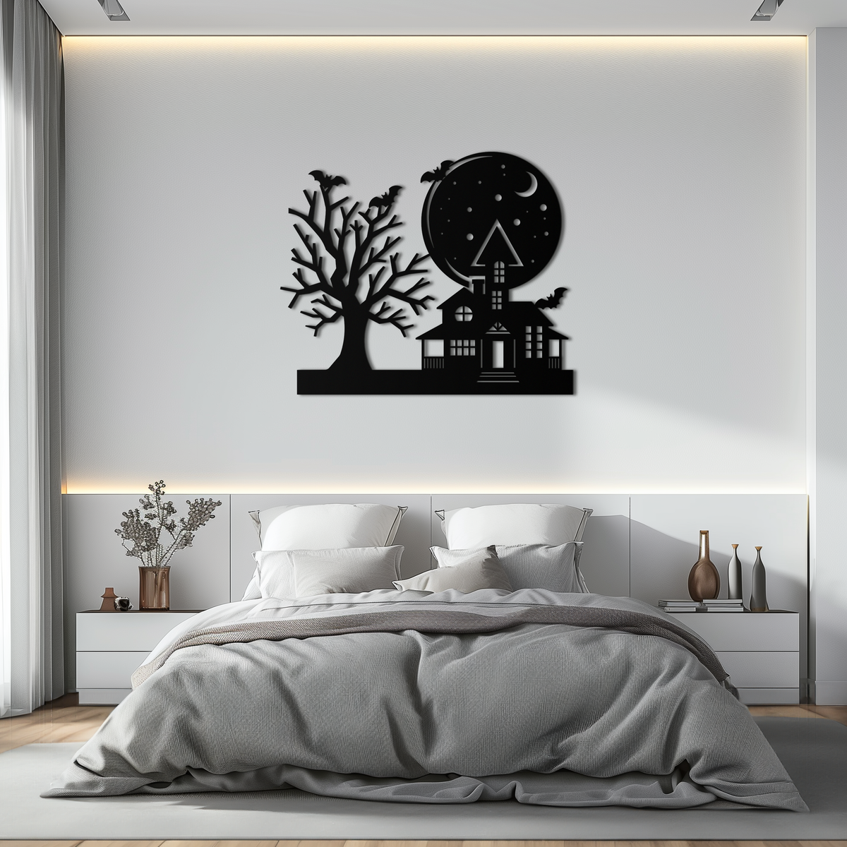 Haunted House and Flying Bat Metal Wall Art - Spooky Full Moon Scene in Matte Black