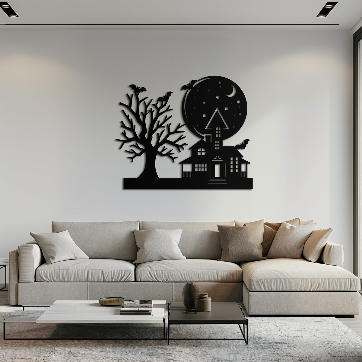 Haunted House and Flying Bat Metal Wall Art - Spooky Full Moon Scene in Matte Black