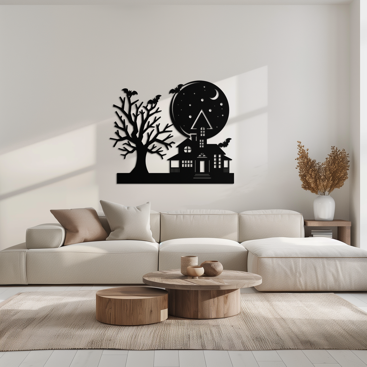 Haunted House and Flying Bat Metal Wall Art - Spooky Full Moon Scene in Matte Black