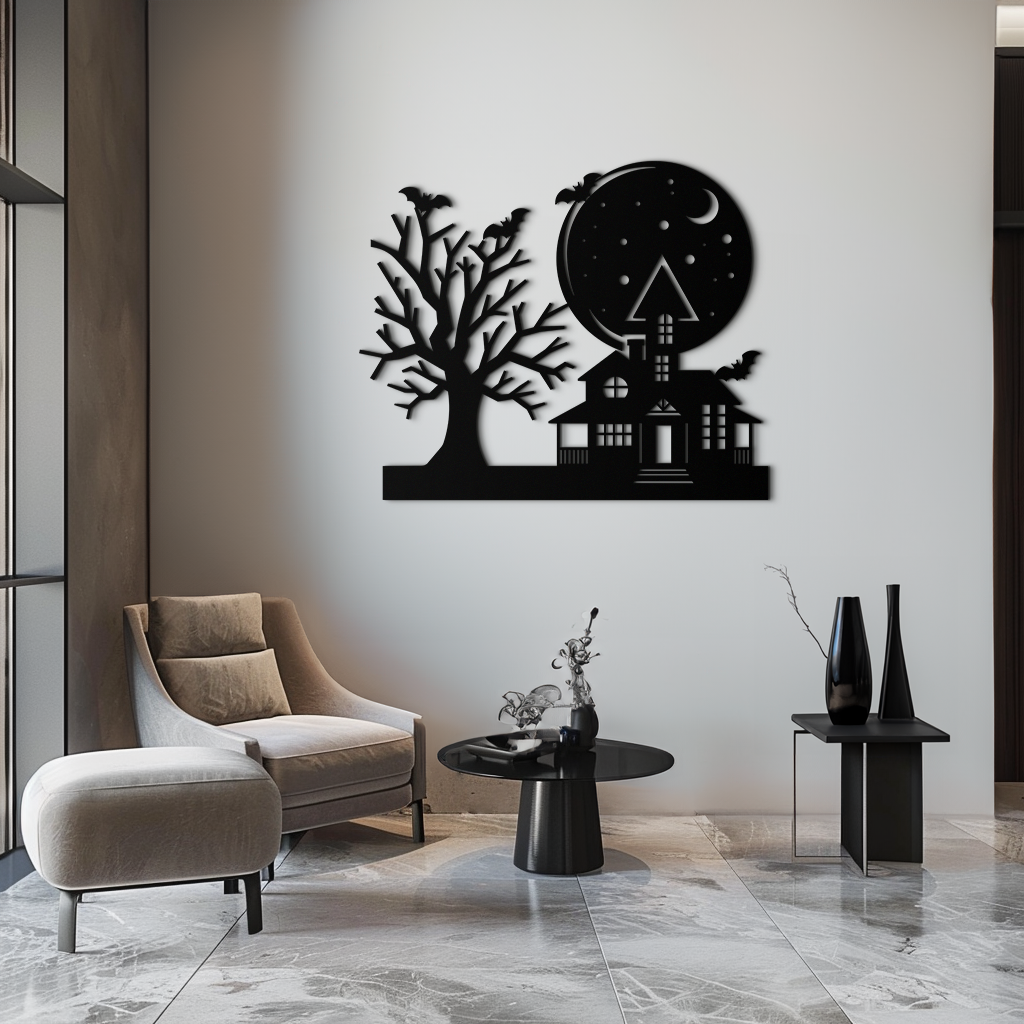 Haunted House and Flying Bat Metal Wall Art - Spooky Full Moon Scene in Matte Black