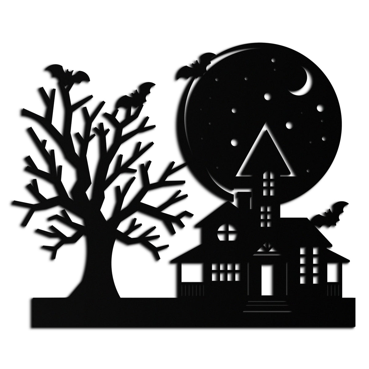 Haunted House and Flying Bat Metal Wall Art - Spooky Full Moon Scene in Matte Black