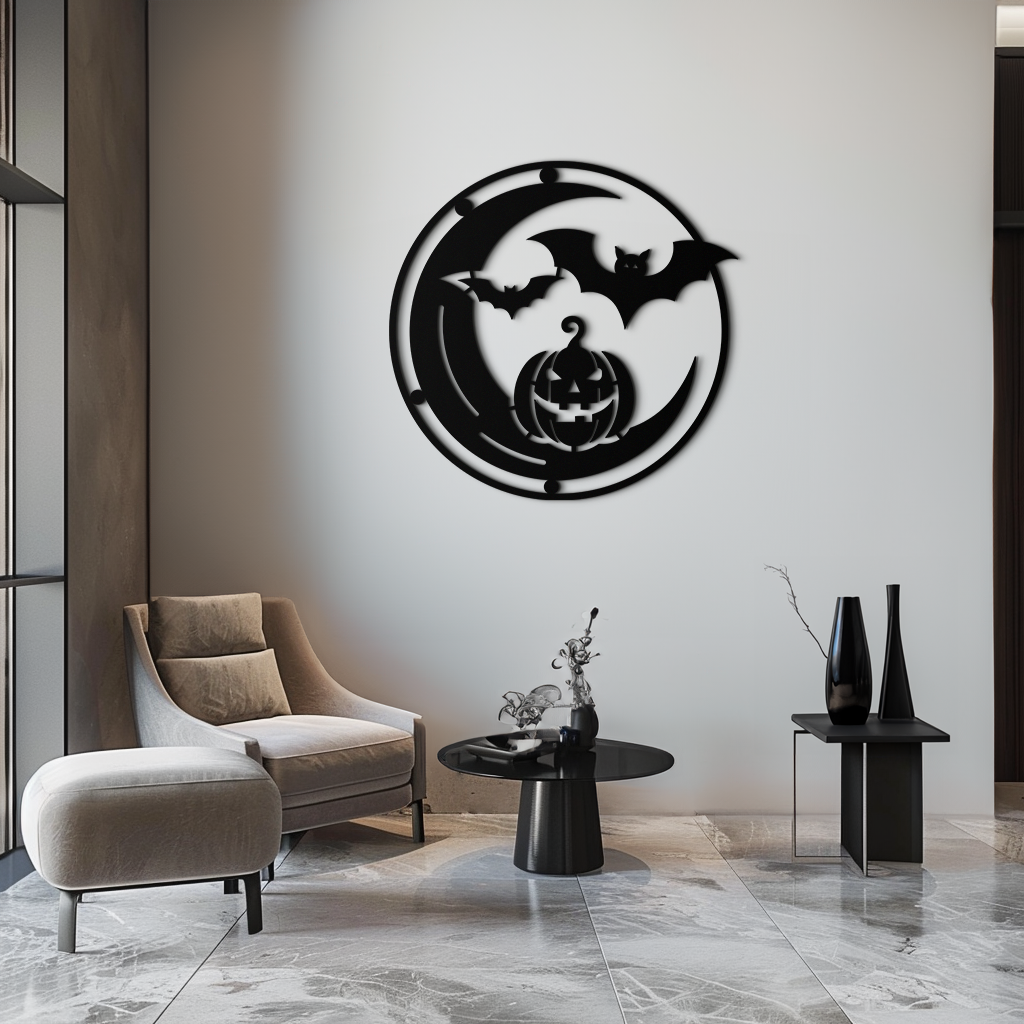 Metal Wall Art - Spooky Halloween Bat Pumpkin Jack-O-Lantern Design