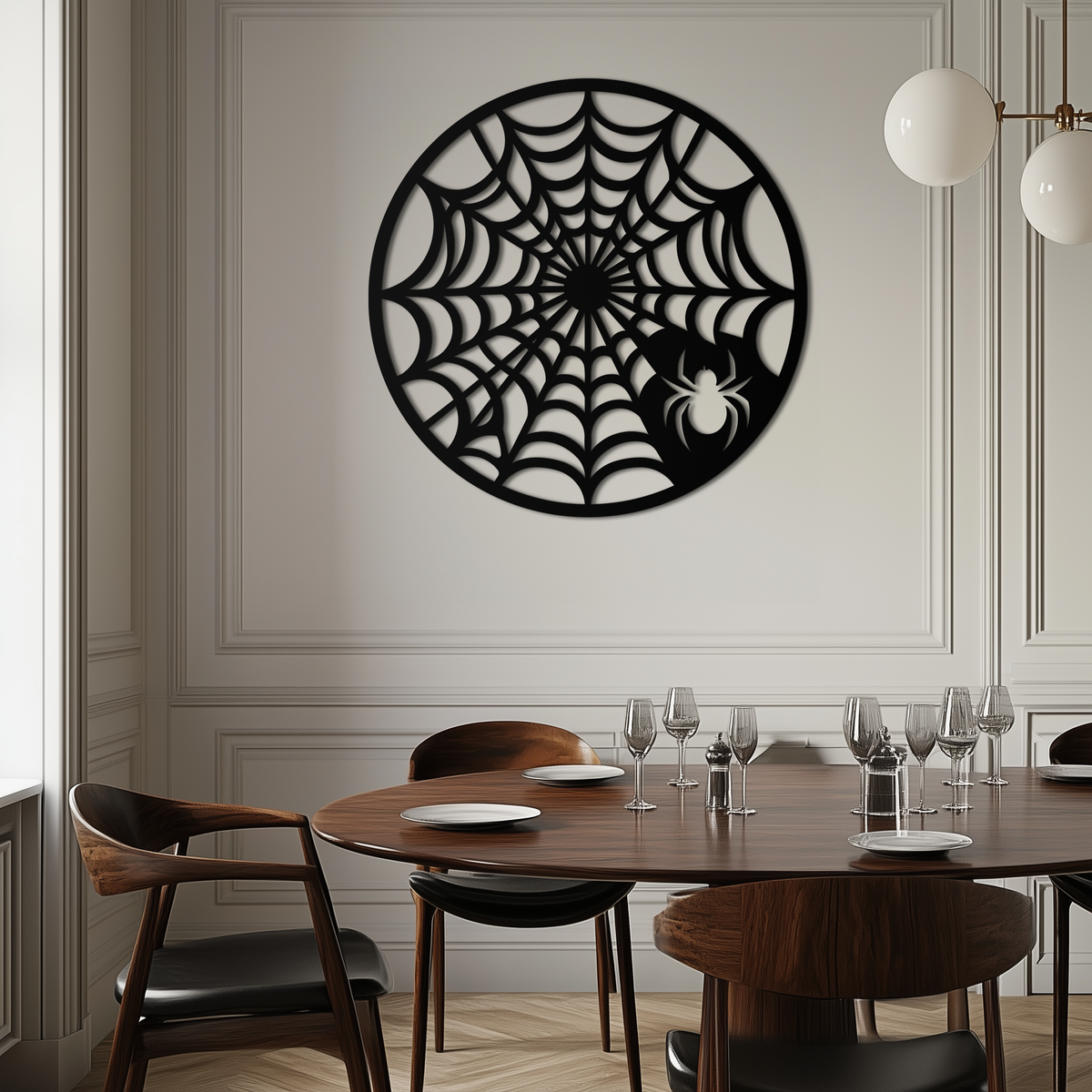 Black Metal Round Spider Web Wall Art Piece - Laser Cut Halloween Spider Decoration