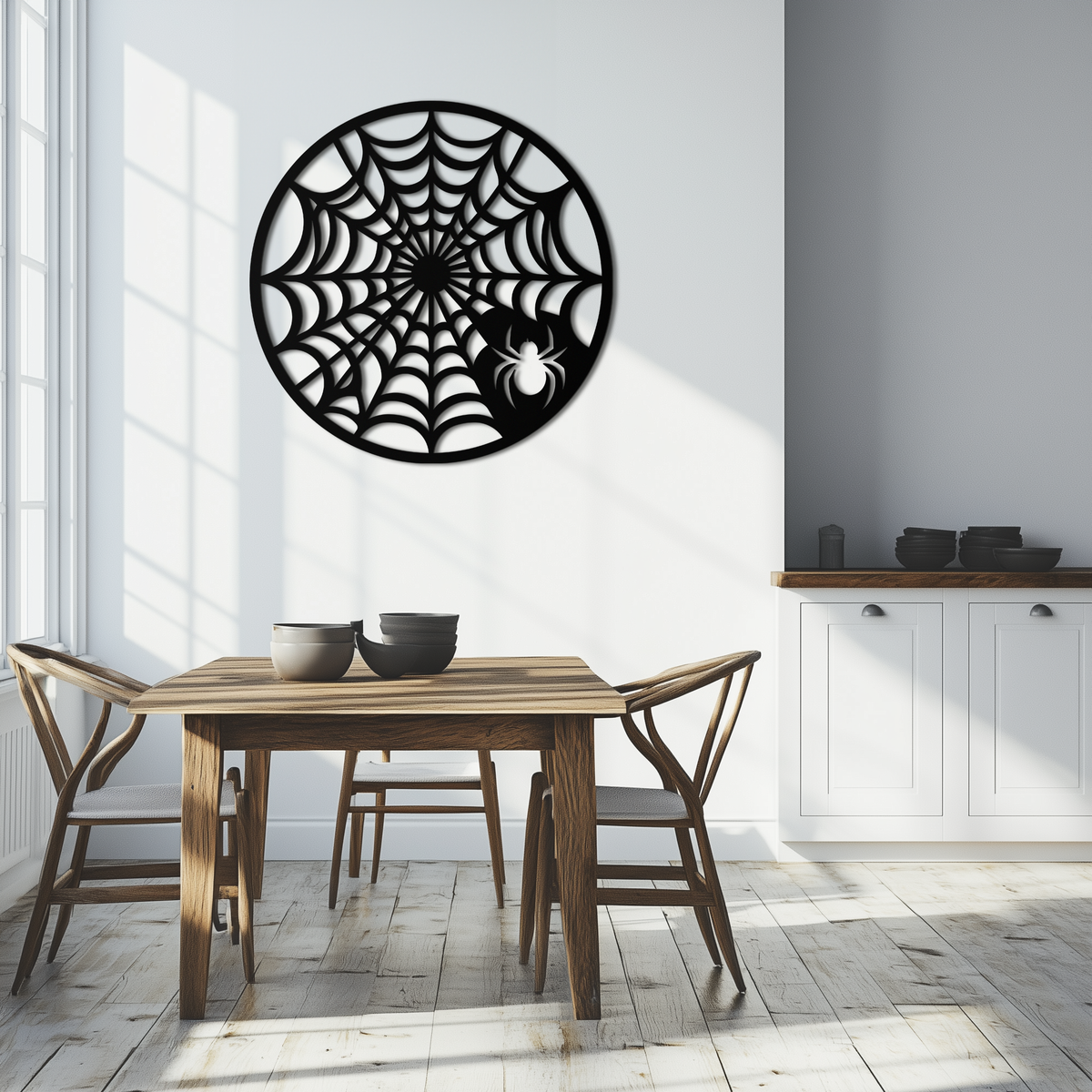 Black Metal Round Spider Web Wall Art Piece - Laser Cut Halloween Spider Decoration