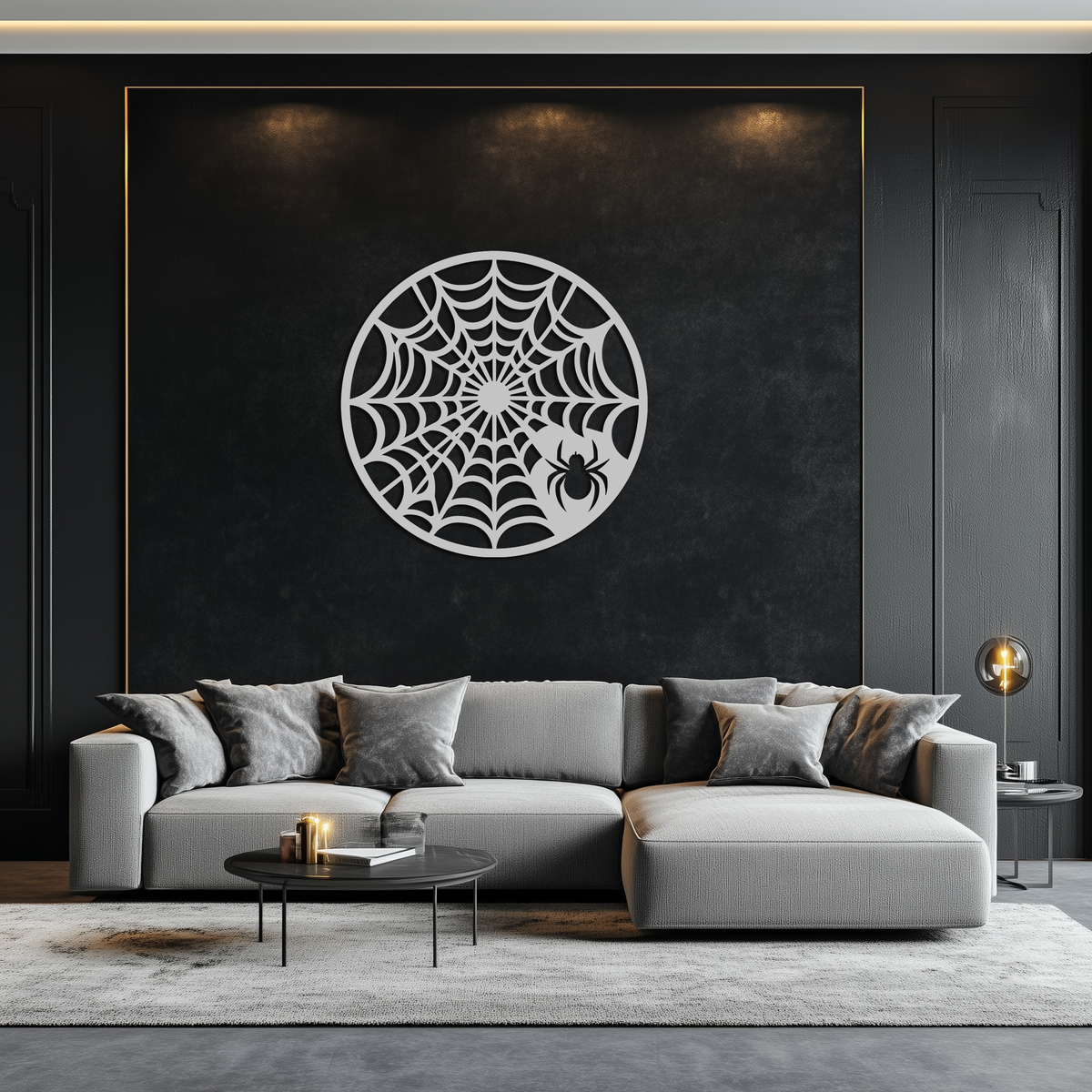 Black Metal Round Spider Web Wall Art Piece - Laser Cut Halloween Spider Decoration