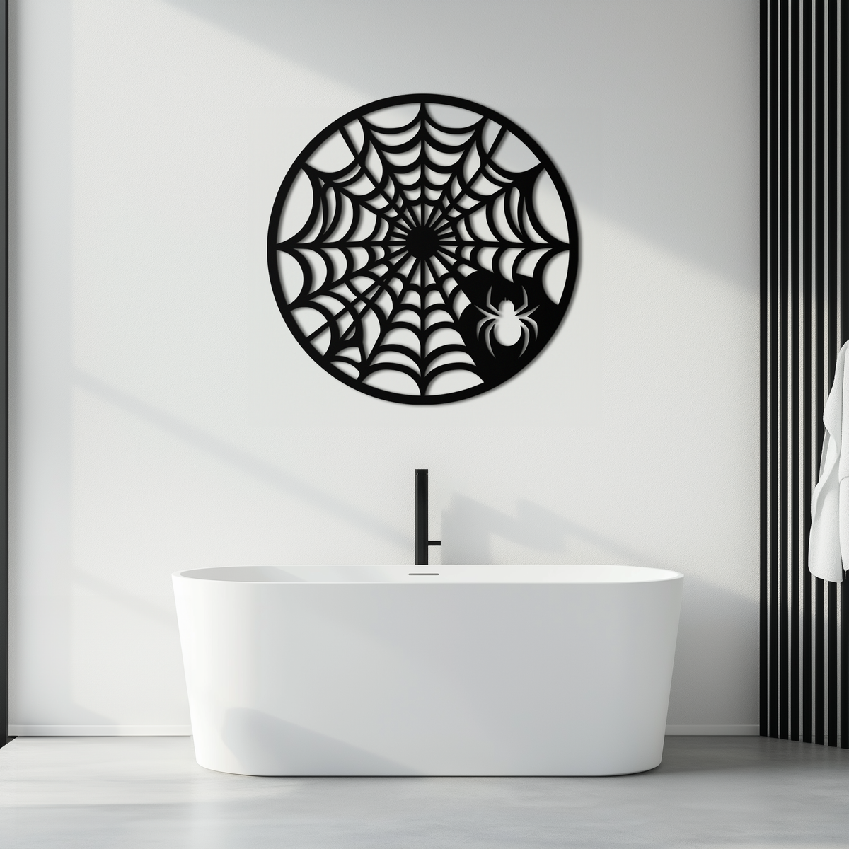 Black Metal Round Spider Web Wall Art Piece - Laser Cut Halloween Spider Decoration