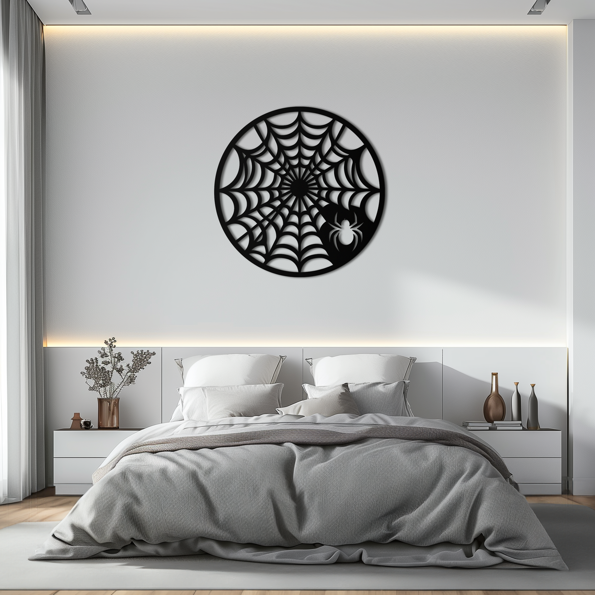 Black Metal Round Spider Web Wall Art Piece - Laser Cut Halloween Spider Decoration